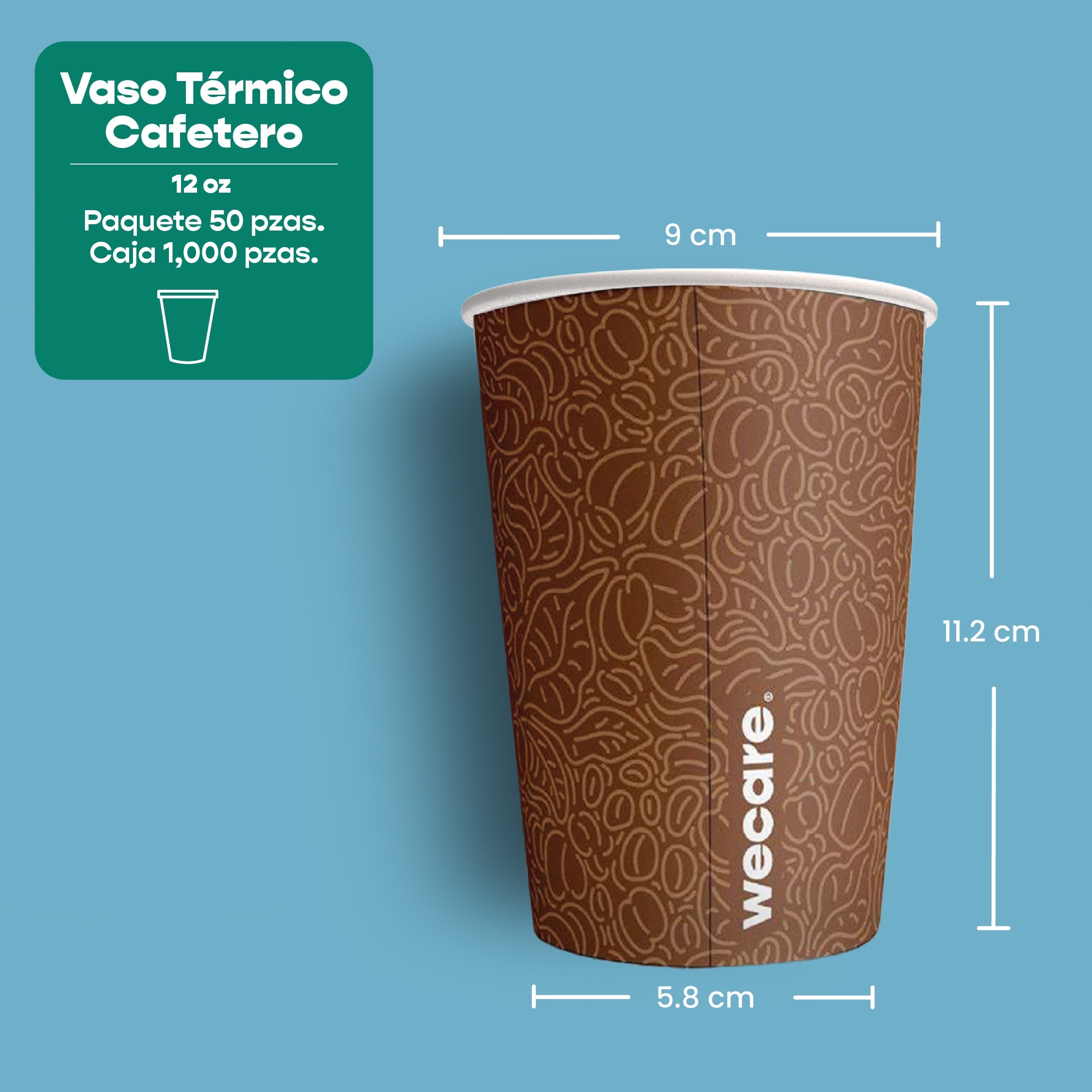 Vaso Térmico Con Diseño Cafetero | Papel - Ácido Poliláctico PLA | 12 oz / 355 ml | Compostable y biodegradable
