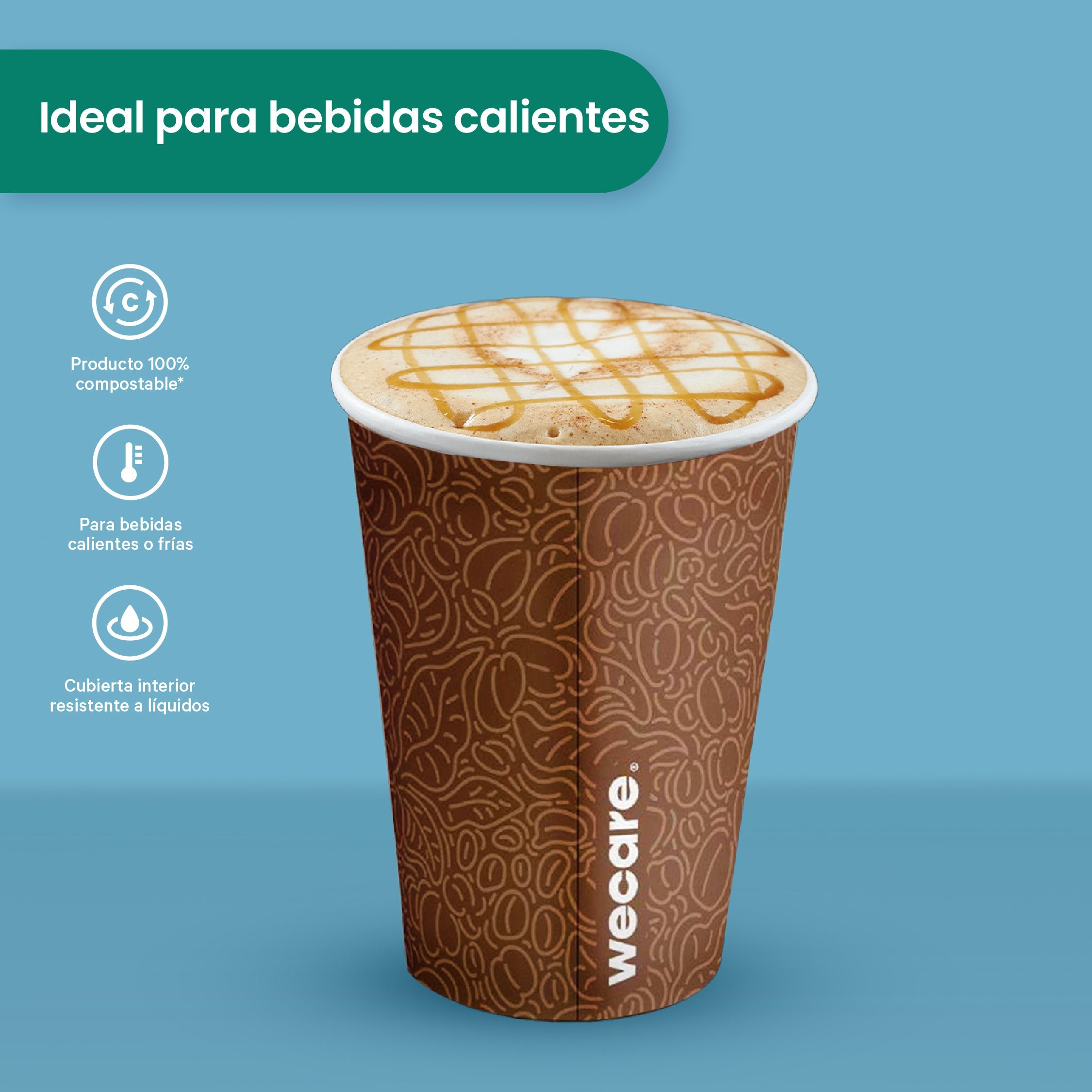 Vaso Térmico Con Diseño Cafetero | Papel - Ácido Poliláctico PLA | 12 oz / 355 ml | Compostable y biodegradable