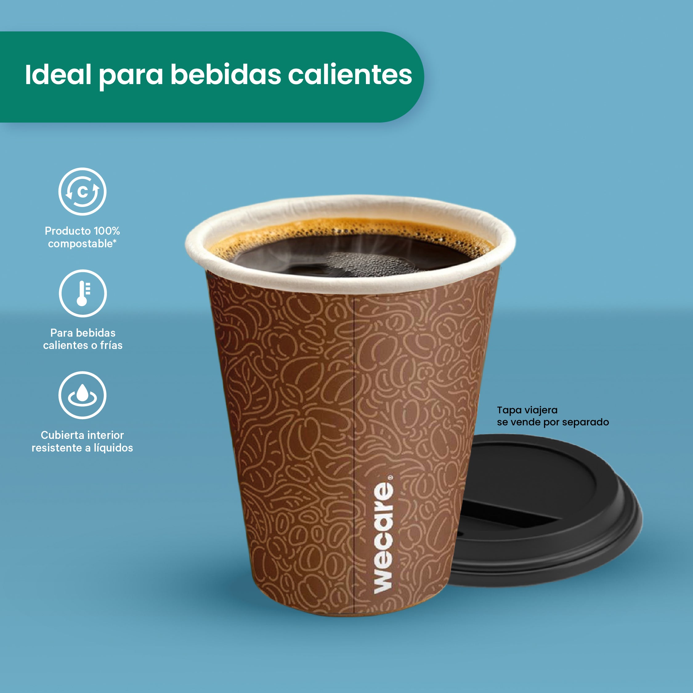 Vaso Térmico Con Diseño Cafetero | Papel - Ácido Poliláctico PLA | 8 oz / 236 ml | Compostable y biodegradable