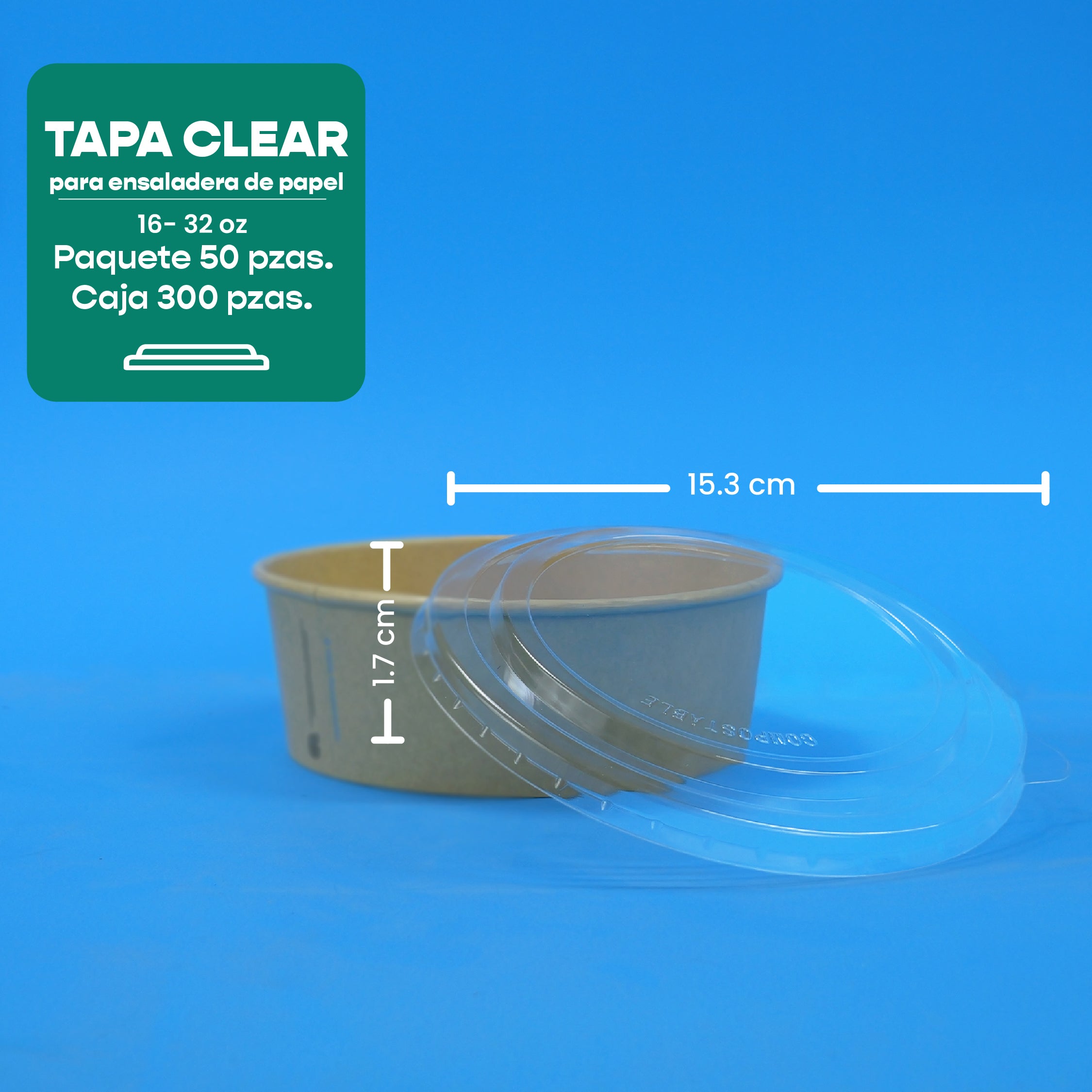 Tapa Clear Ensaladera | Acido Poliactico | 16-32 oz | Compostable y biodegradable