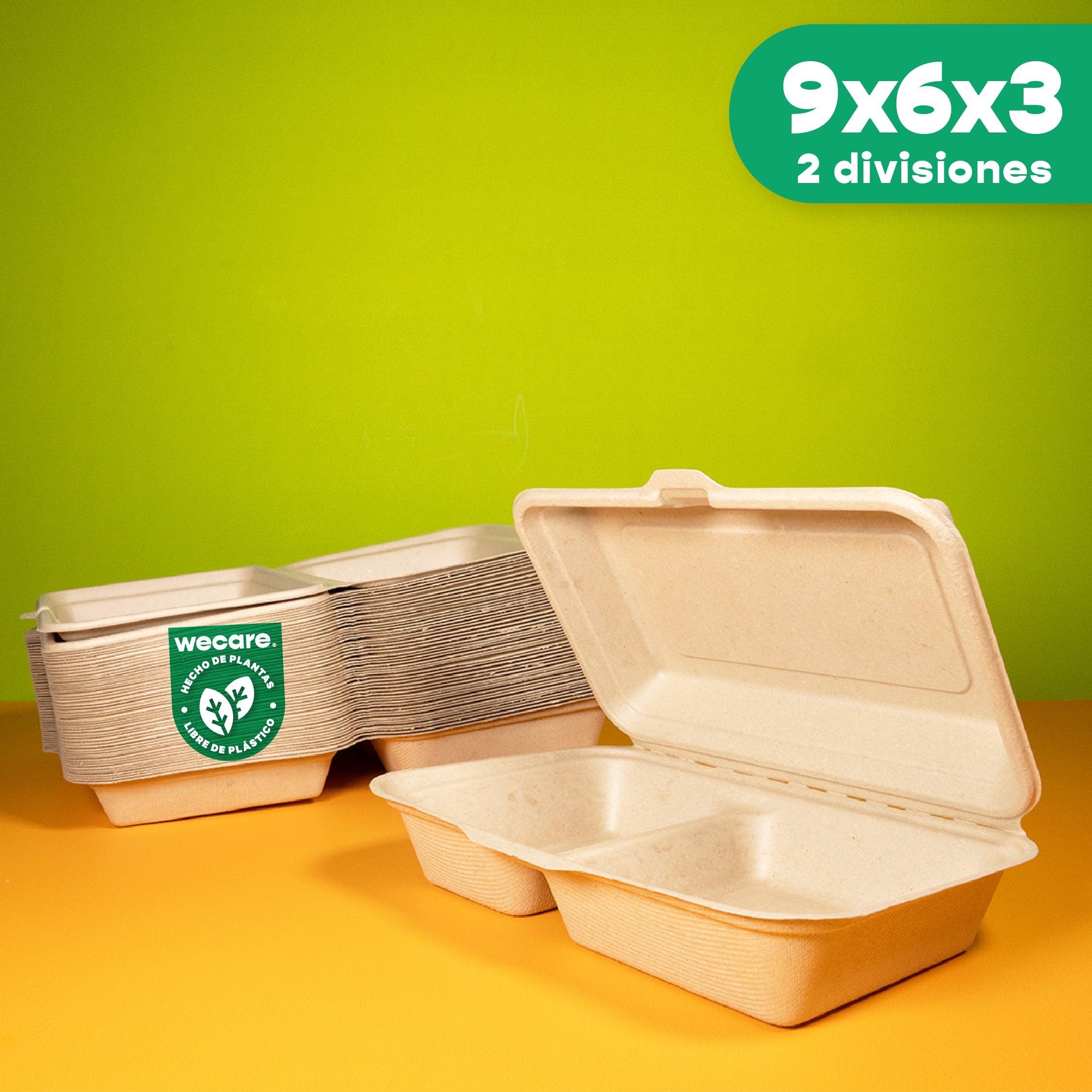 Contenedor Almeja 2 div. | Bagazo Trigo | 9x6x3 / 22.8x15.2x7.6 cm | Compostable y biodegradable