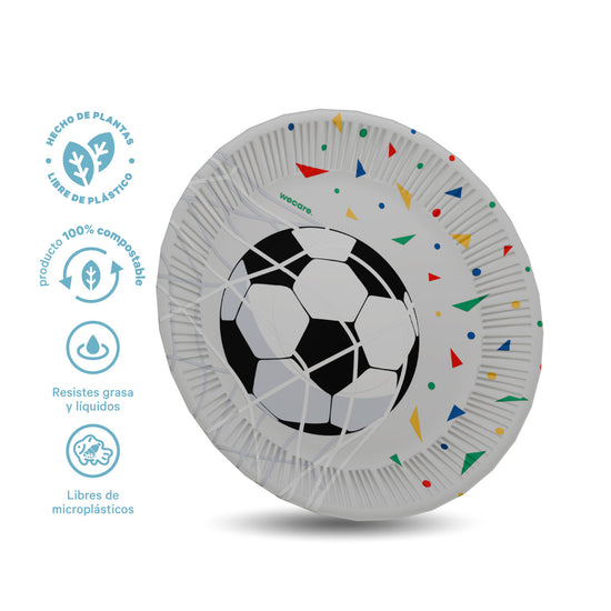 Plato de Papel 15 piezas | Edición Fútbol | 9” | 23 cm | Compostable