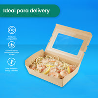 Caja Papel Con Ventana Delivery | Papel PLA | Mediana | Compostable y biodegradable