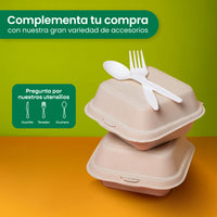 Contenedor Almeja 3 div. | Bagazo Trigo | 8x8x3" / 20.3x20.3x7.6 cm | Compostable y biodegradable