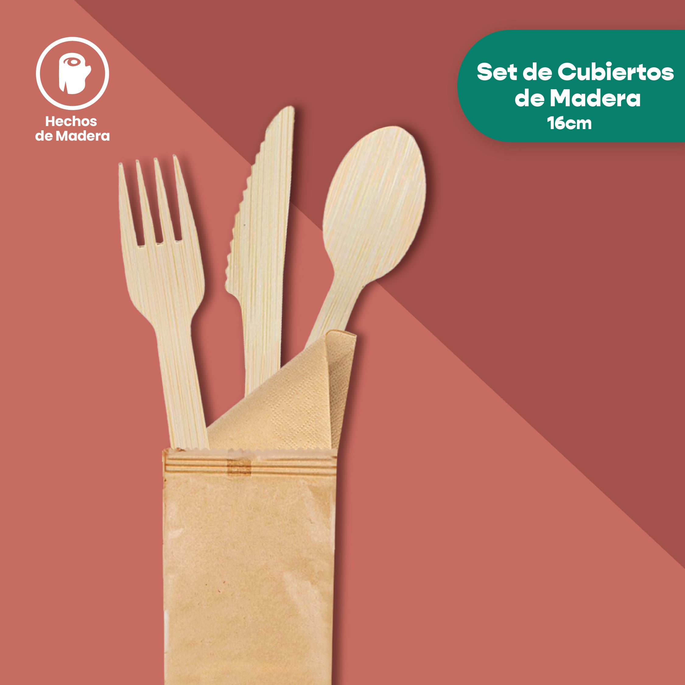 Kit Cubierto (Cuchara, Tenedor, Cuchillo y servilleta) | Madera | 6.5" / 16.5 cm | Compostable y biodegradable