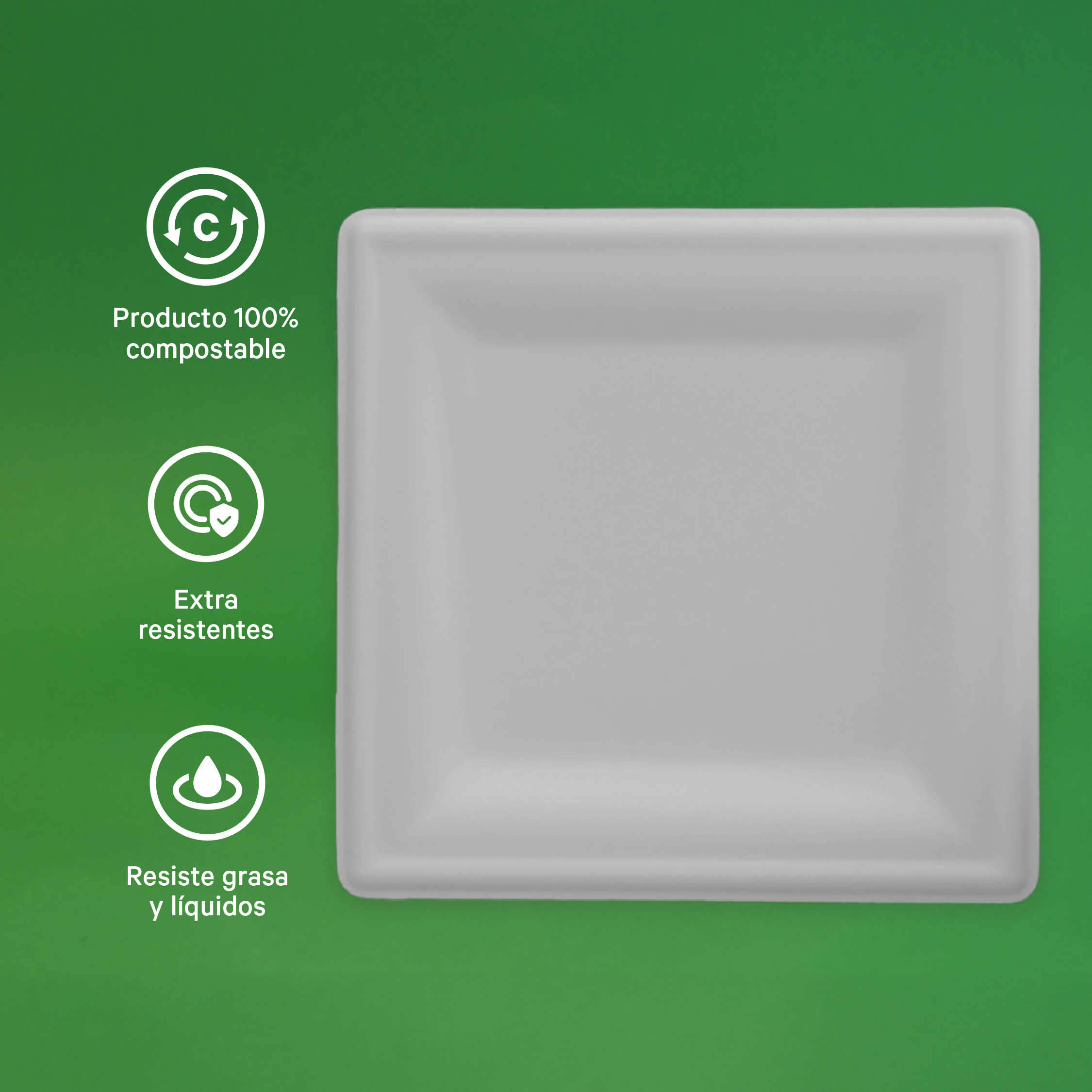 Plato Cuadrado | Bagazo de caña | 10" / 25.4 cm | Compostable y biodegradable