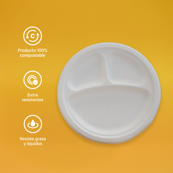 Plato  3 Div. | Bagazo Caña | 9 " / 22.8 cm | Compostable y biodegradable