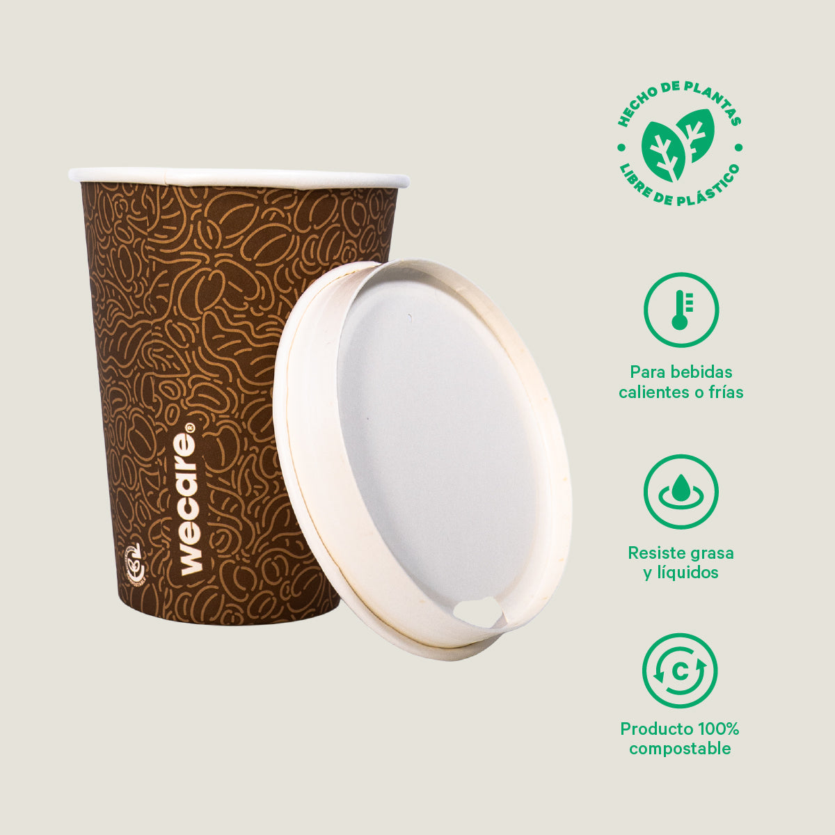 Juego de vaso para café con tapa 12 oz - compostable