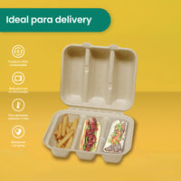 Contenedor 3 Div Taquero | Bagazo Trigo | Compostable y biodegradable