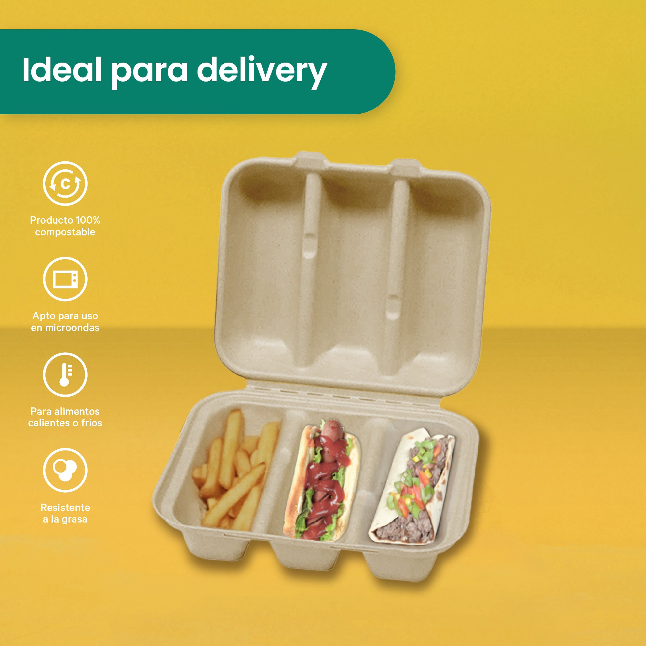 Contenedor 3 Div Taquero | Bagazo Trigo | Compostable y biodegradable