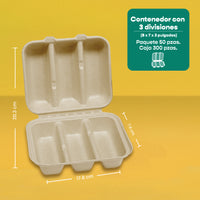 Contenedor 3 Div Taquero | Bagazo Trigo | Compostable y biodegradable
