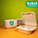 Contenedor Almeja 3 div. | Bagazo Trigo | 8x8x3" / 20.3x20.3x7.6 cm | Compostable y biodegradable