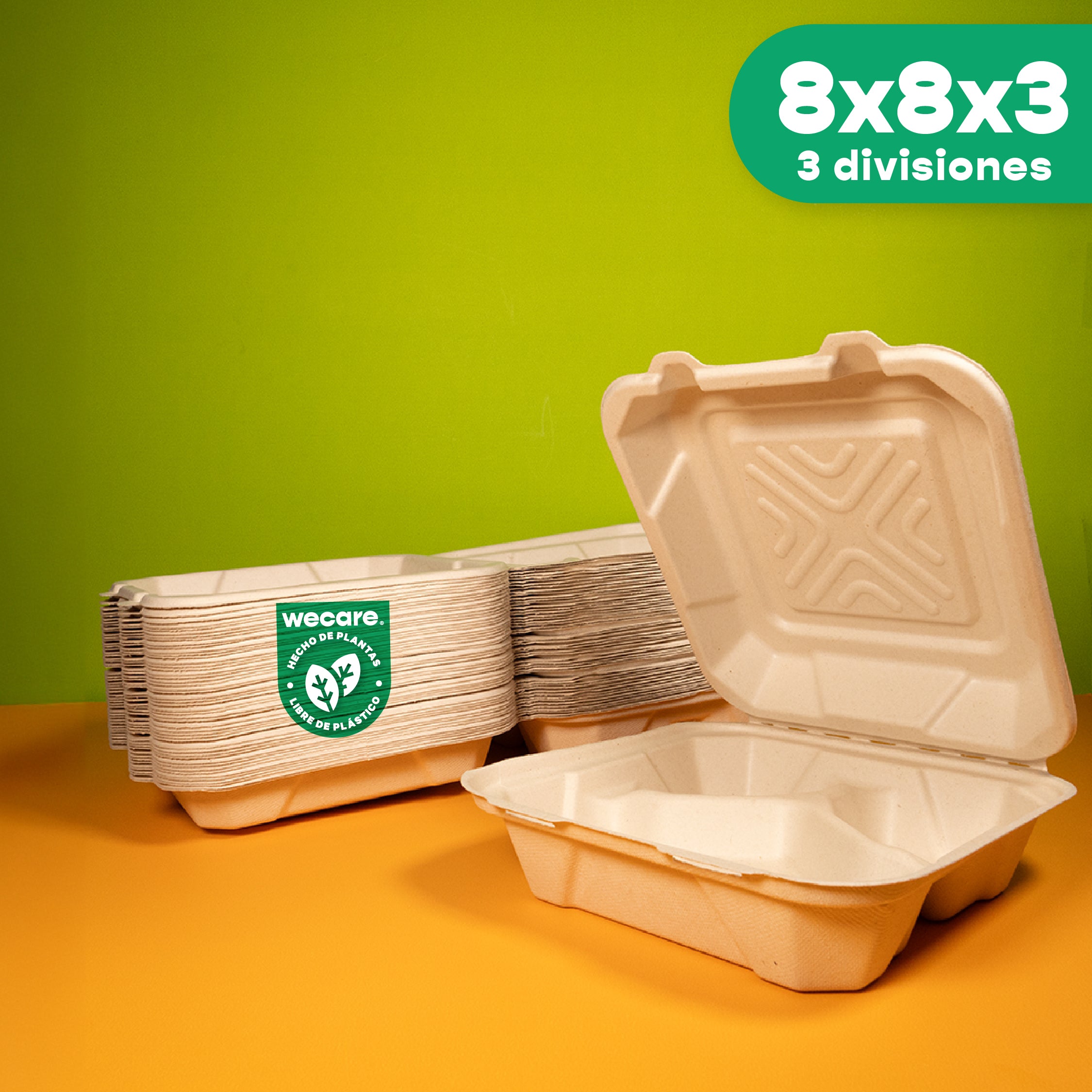 Contenedor Almeja 3 div. | Bagazo Trigo | 8x8x3" / 20.3x20.3x7.6 cm | Compostable y biodegradable