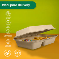 Contenedor Almeja 2 div. | Bagazo Trigo | 9x6x3 / 22.8x15.2x7.6 cm | Compostable y biodegradable