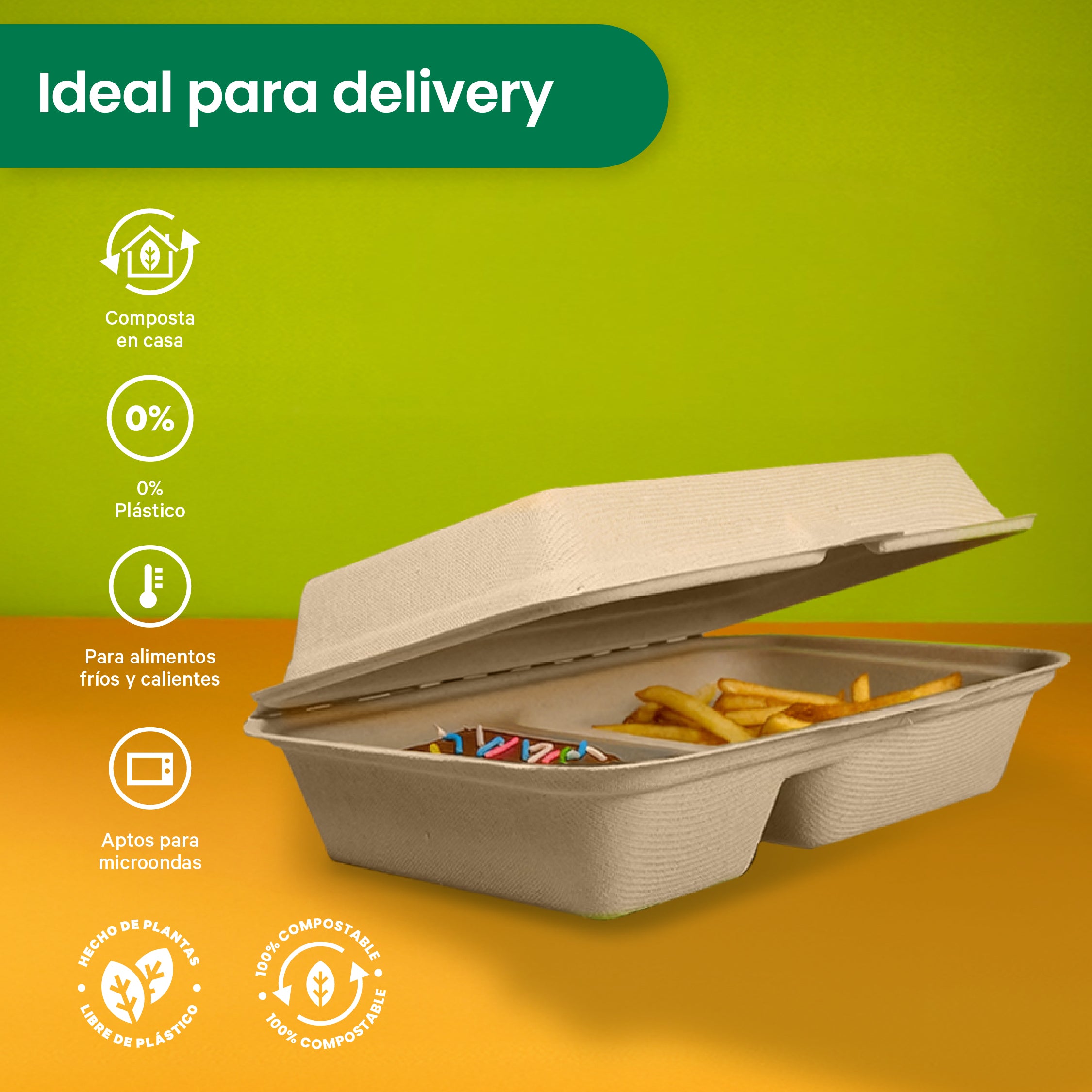 Contenedor Almeja 2 div. | Bagazo Trigo | 9x6x3 / 22.8x15.2x7.6 cm | Compostable y biodegradable