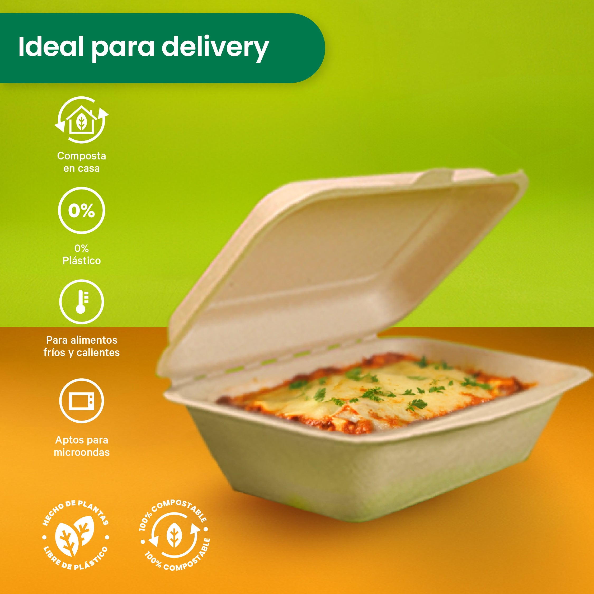 Contenedor Almeja | Bagazo Trigo | 9x6x3" / 22.8x15.2x7.6 cm | Compostable y biodegradable