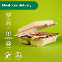 Contenedor Almeja 3 Div.| Bagazo Trigo | 9x9x3" / 22.8 x 22.8 x 7.6 cm | Compostable y biodegradable