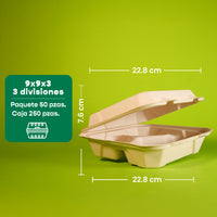 Contenedor Almeja 3 Div.| Bagazo Trigo | 9x9x3" / 22.8 x 22.8 x 7.6 cm | Compostable y biodegradable
