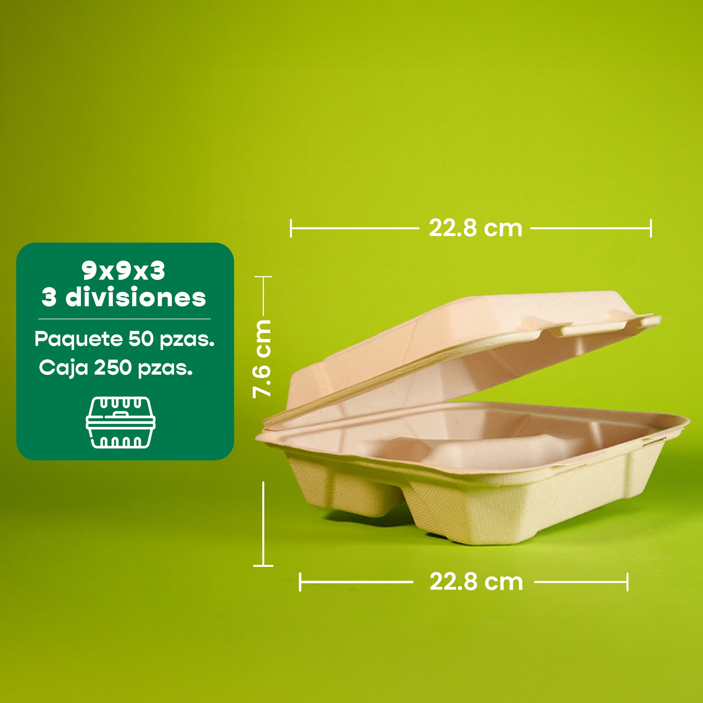 Contenedor Almeja 3 Div.| Bagazo Trigo | 9x9x3" / 22.8 x 22.8 x 7.6 cm | Compostable y biodegradable