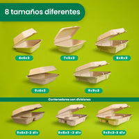 Contenedor Almeja 2 div. | Bagazo Trigo | 9x6x3 / 22.8x15.2x7.6 cm | Compostable y biodegradable