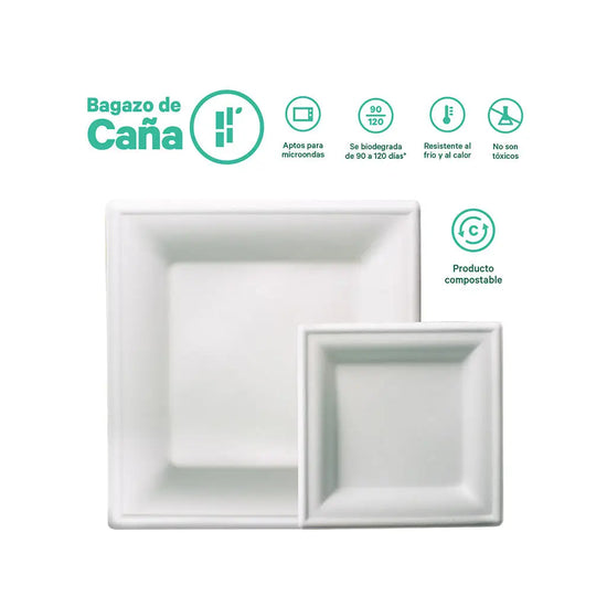 Plato Cuadrado | Bagazo de caña | 8" / 20.3 cm | Compostable y biodegradable